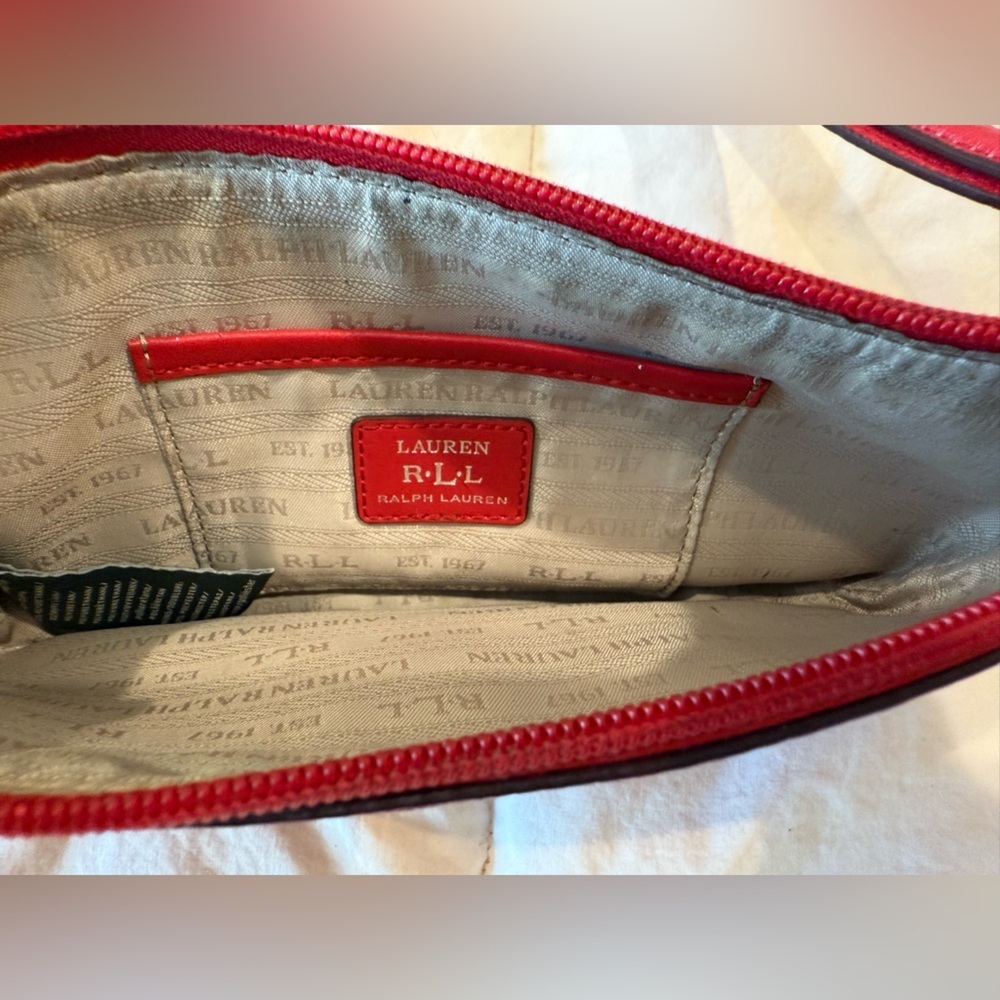 RL RLL Red Wristlet Clutch Wallet Purse Bag 100% m Leather Ralph Lauren Zip - Picture 2 of 3